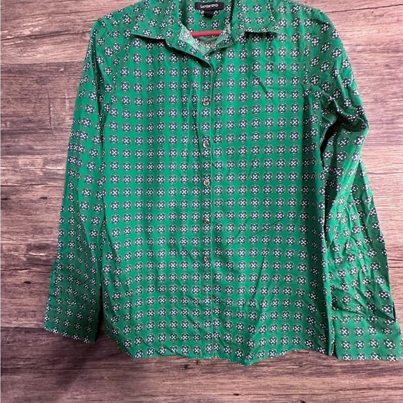 Lands' End Green Patterned Women's Button Down Shirt - Picture 1 of 6